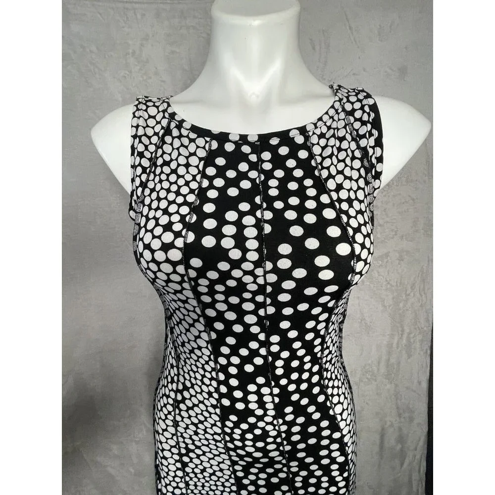 Women's Forever Jersey Knit Sleeveless Fit n Flare Dress Black White Dot Stretch - Picture 2 of 6